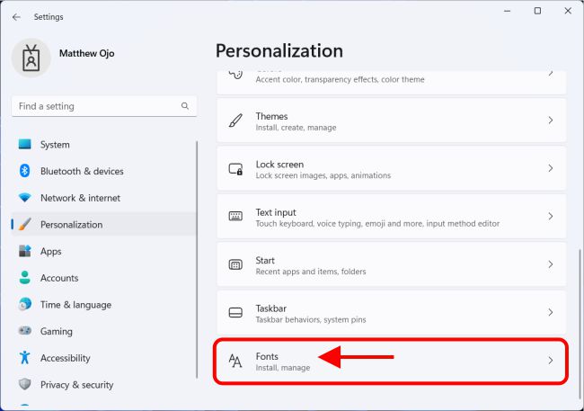 Click on fonts in the personalization settings