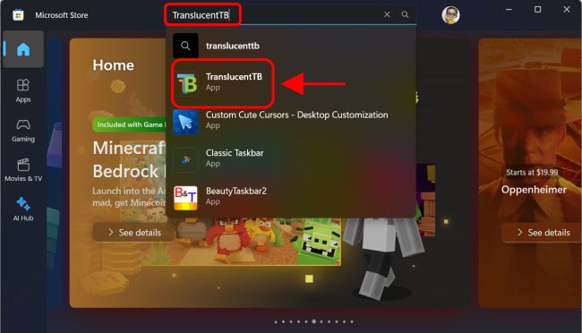 Search for TranslucentTB in Microsoft store