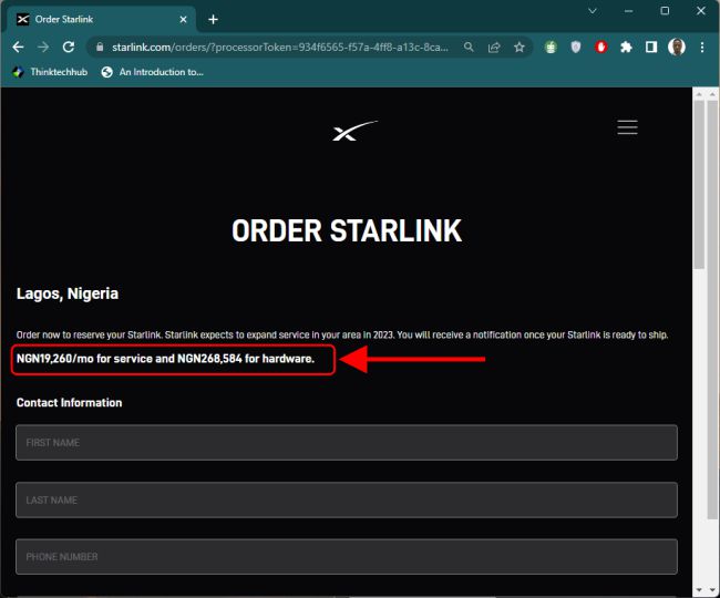 Starlink order page