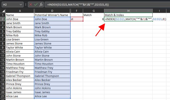 Using Match function and Index function
