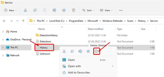 Clear Windows Defender Protection History: Delete the history log