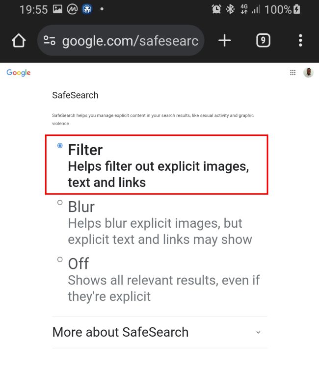 Select Filter to block explicit content